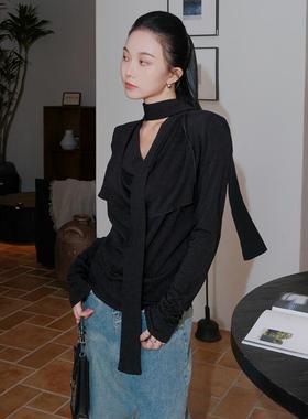 月影集慕斯羊绒随性挂脖飘带针织衫上衣法式气质宽松荡领显瘦毛衣