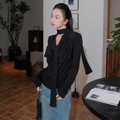 飘带挂脖慕斯羊绒针织衫荡领套头