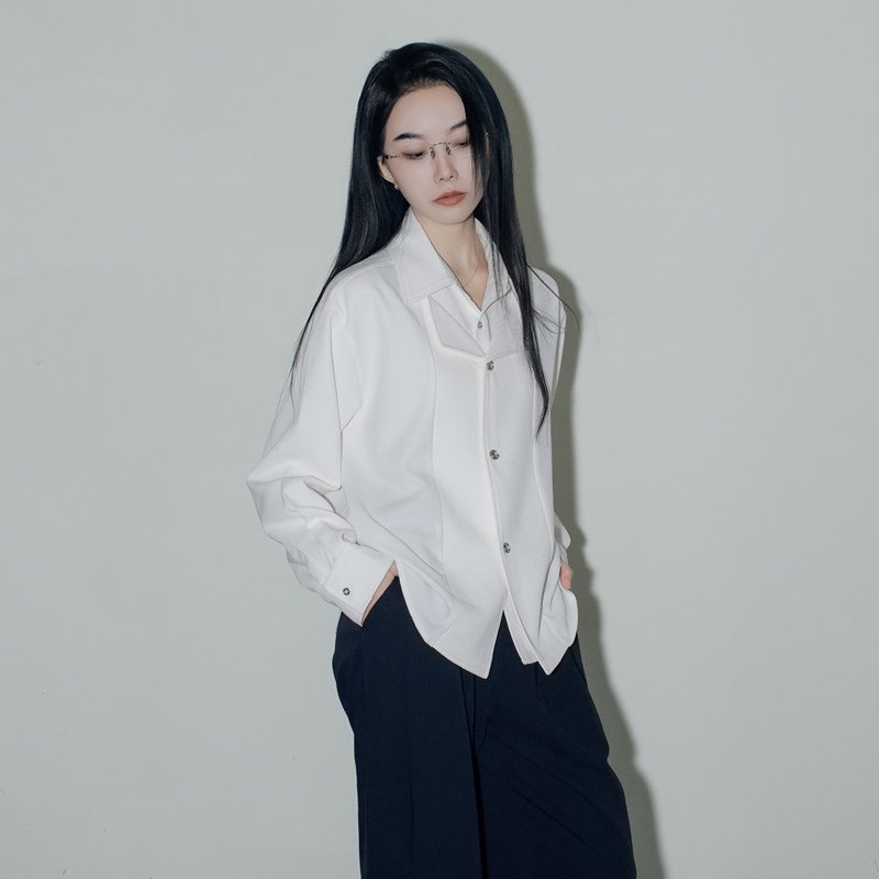 月影集黑白简约polo双领假两件长袖衬衫衣高级感气质宽松显瘦上衣