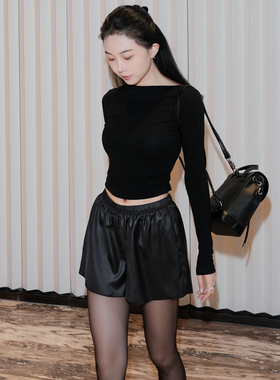 月影集时髦微仿皮感阔腿黑色短裤女弹力腰显瘦外穿宽松秋季短裙裤