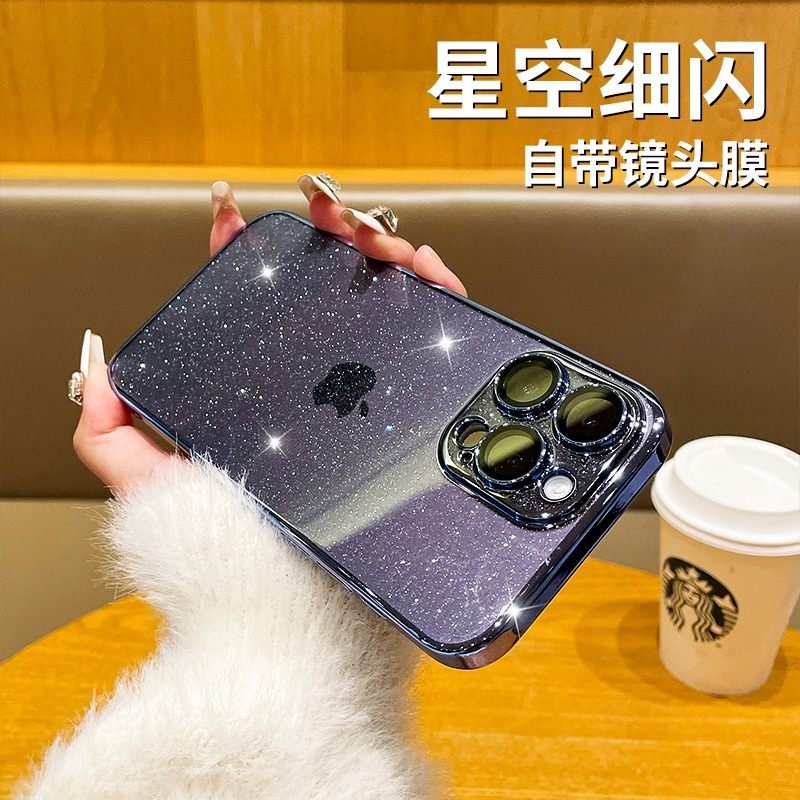适用苹果16Promax手机壳新款透明防摔iPhone15pro带镜头膜高档电镀保护套14plus女款奢华12简约高档星空闪粉