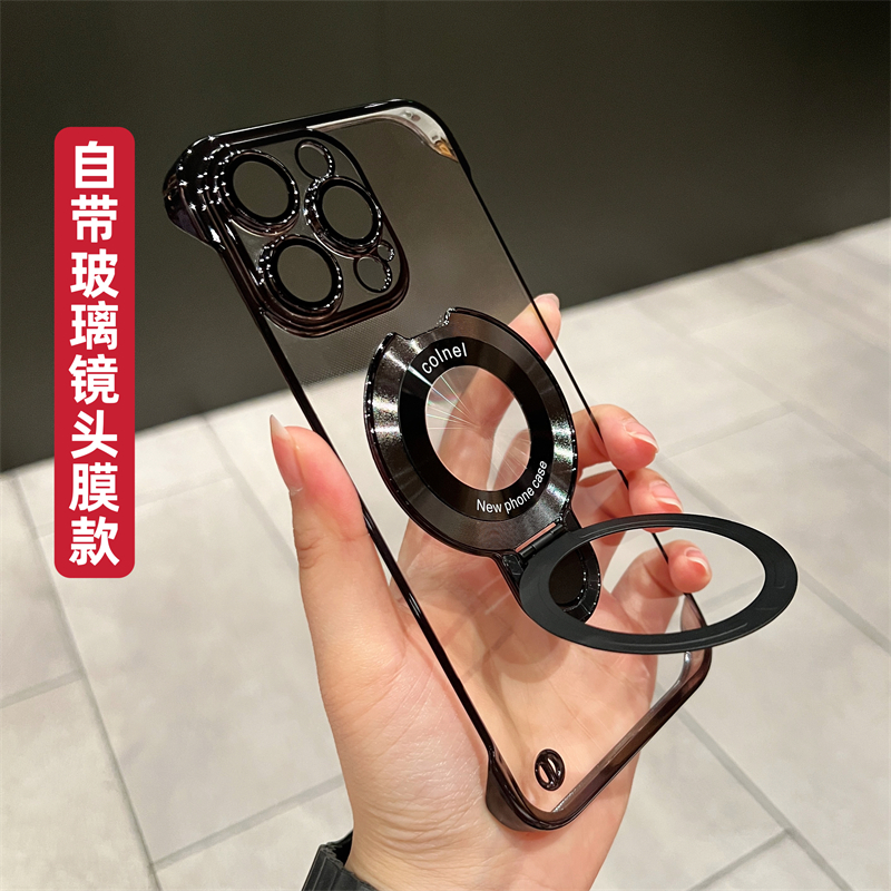 磁吸支架电镀无边框适用iPhone16pro手机壳苹果15promax新款带镜头膜13透明12简约11超薄pro高级感14plus硬套
