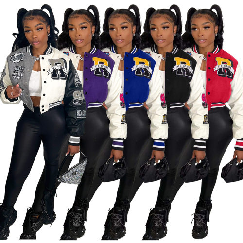 Women Graphic Motorcycle Racing Bomber Jacket 拼接女棒球服