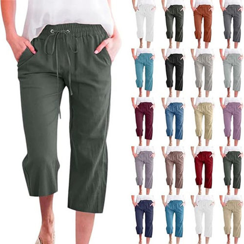 Women Capris Pants Cotton Linen Summer Cropped Trouser