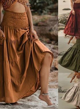 Women High Waisted Boho Ruffle Flowy Long Maxi Skirts 女长裙