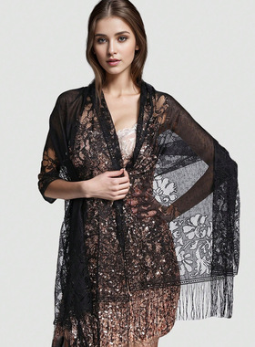 Women Summer cover up  Cardigan scarf 蕾丝镂空流苏长款纱巾女