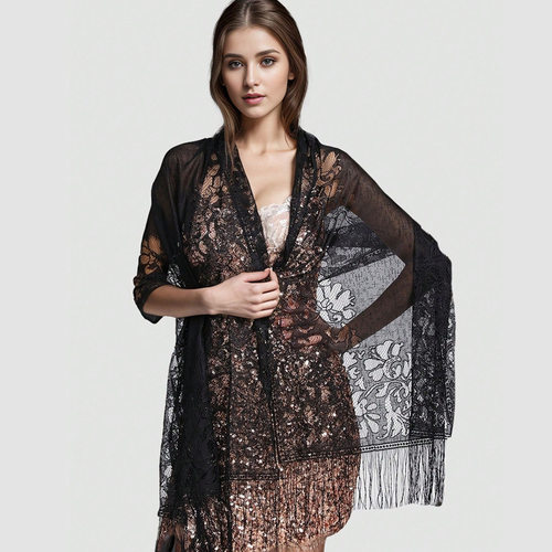 Women Summer cover up  Cardigan scarf 蕾丝镂空流苏长款纱巾女