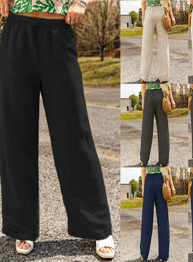 Women Linen Summer Palazzo Pants Flowy Wide Leg Pants女长裤