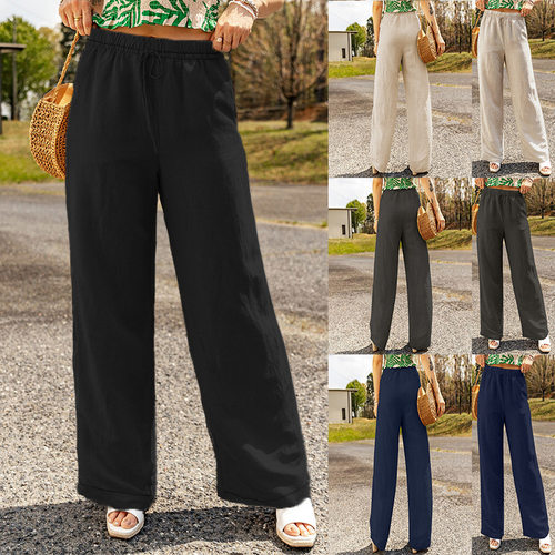 Women Linen Summer Palazzo Pants Flowy Wide Leg Pants女长裤