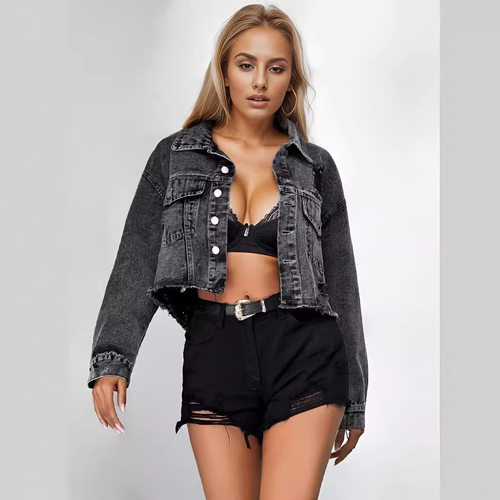 Women Cropped Denim Washed Distressed Jean Jacket Coats