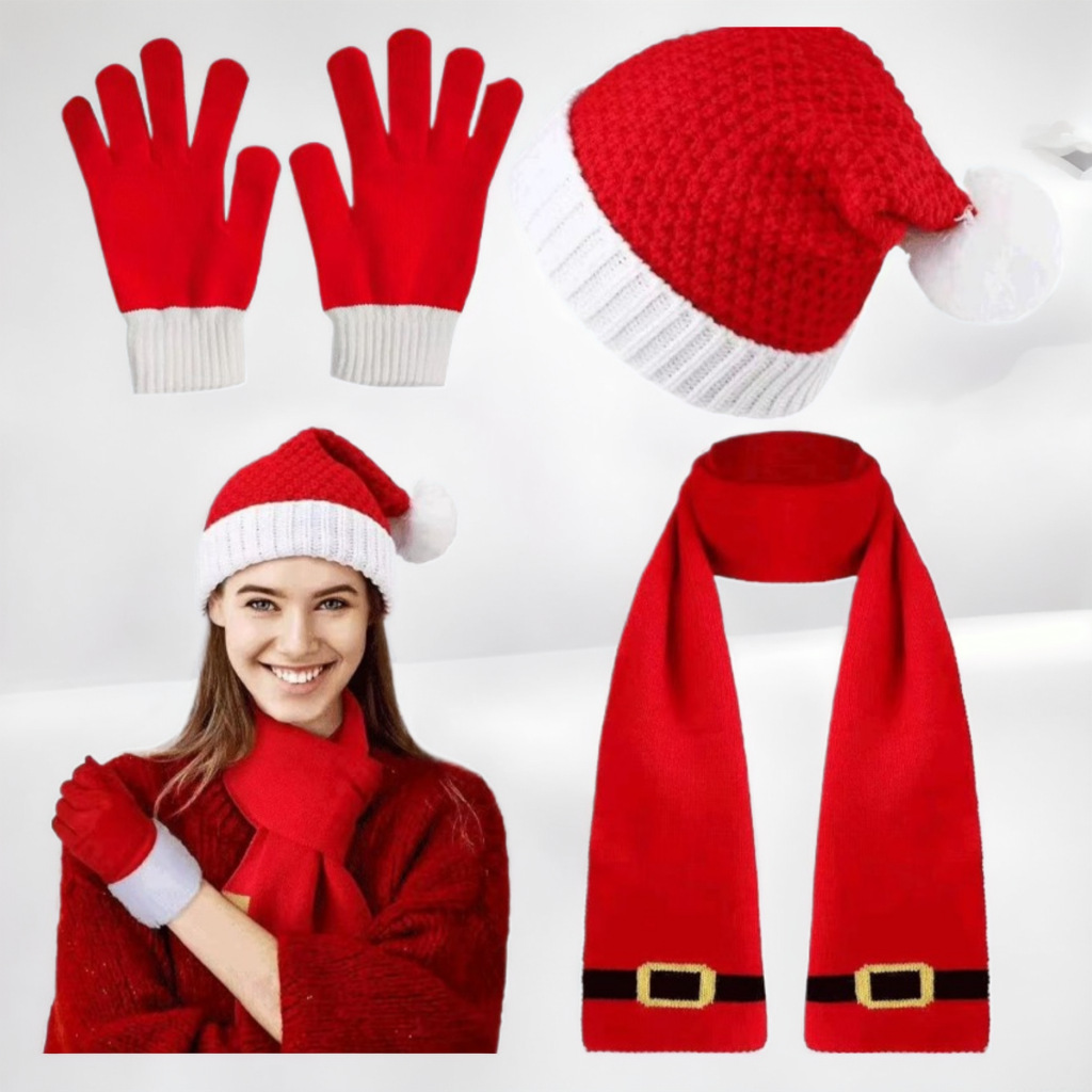 3 Pcs Christmas Scarf Hat Gloves Set Elf Hat Santa Scarf