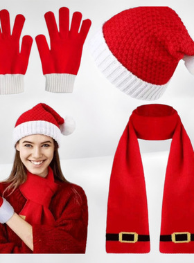 3 Pcs Christmas Scarf Hat Gloves Set Elf Hat Santa Scarf
