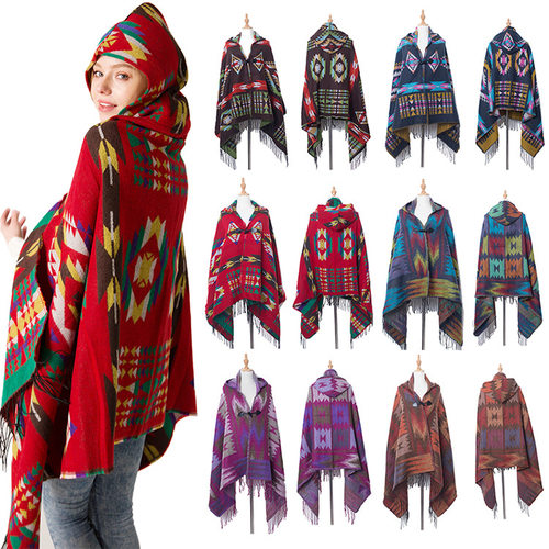 Women Fall Winter Boho Buffalo Fringe Poncho Pashmina Shawl