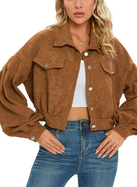 Women Cropped Corduroy Jacket Puff Sleeve Shacket Coat夹克女