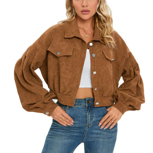 Women Cropped Corduroy Jacket Puff Sleeve Shacket Coat夹克女