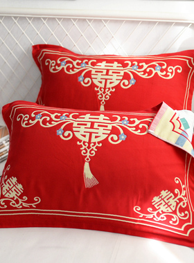 结婚家用枕头巾婚庆红色纯棉纱布枕巾一对大红色陪嫁成人喜庆嫁女