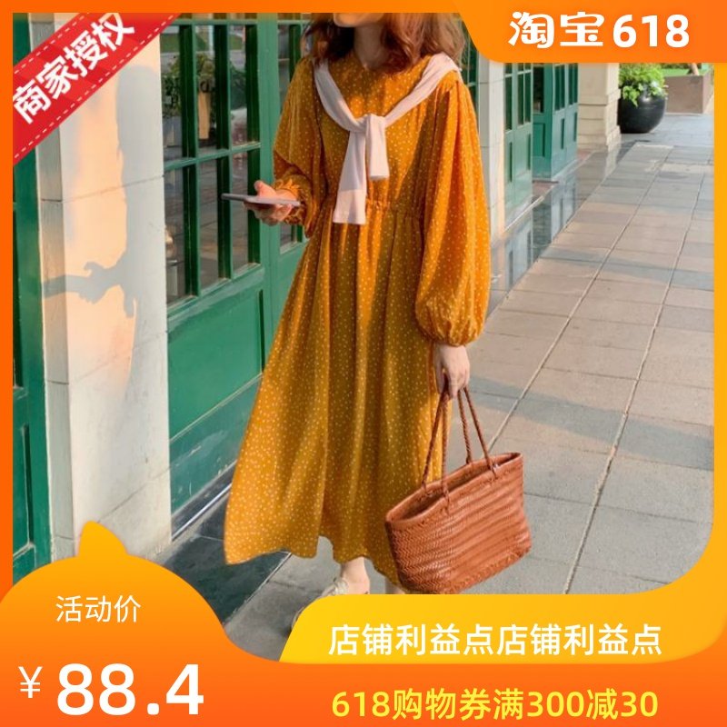 夏季新款雪纺波点收腰长袖连衣裙西装widela春小象店旗舰毛菇