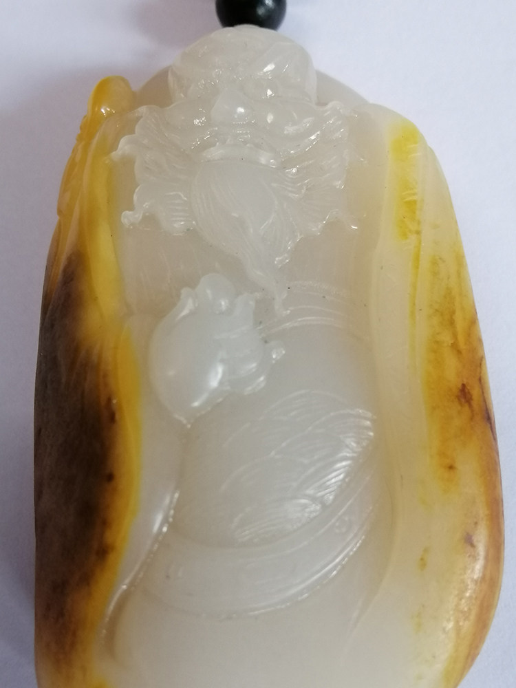 5折清]和田玉白玉籽料把件挂件留原皮钟馗荔枝肉黄沁老熟细糯独籽