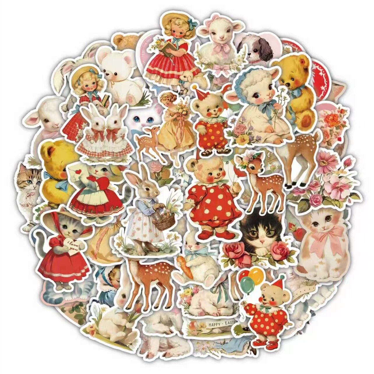 60张田园动物复古Vintage贴纸ins风笔记本日记手账手机壳DIY装饰