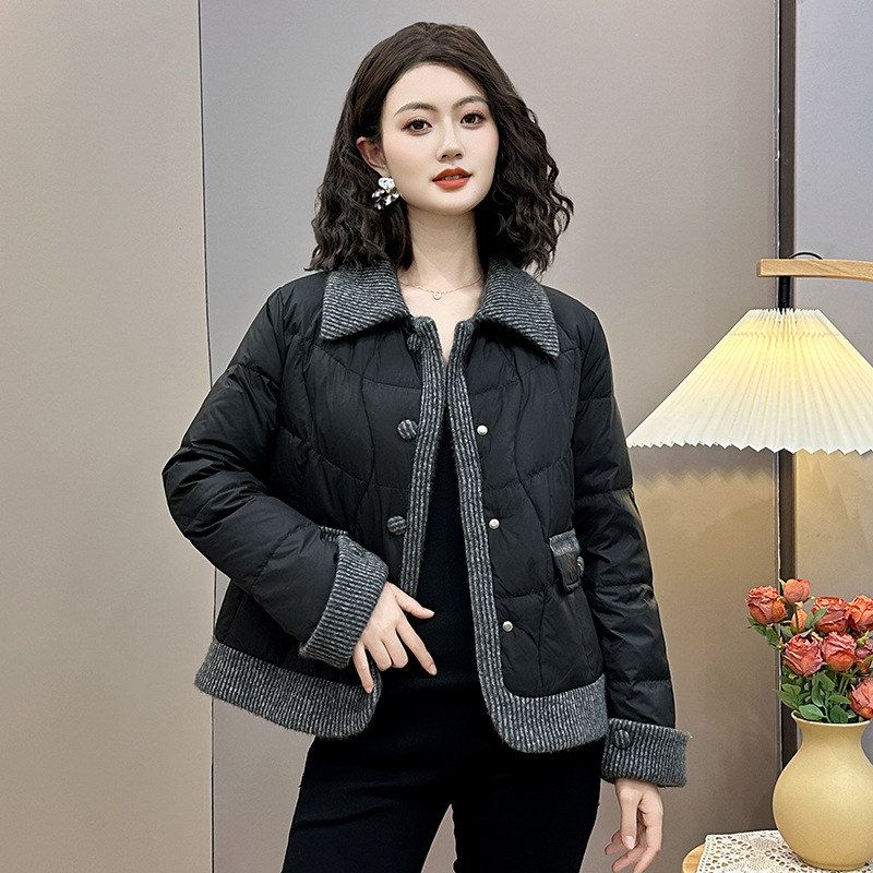 冬季轻薄保暖羽绒服女装韩版小个子短款外套时尚拼接翻领气质夹克