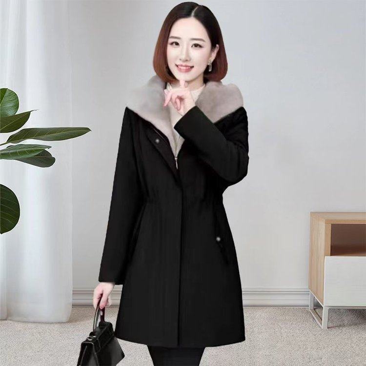 通勤风水貂毛皮草派克服女中长款连帽毛领加厚外套黑色