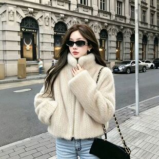 2026秋冬新进口天鹅绒水貂环保毛编制老钱风貂皮皮草外套女年轻款