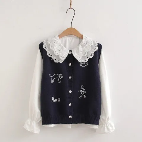 2025衬衫套装甜美两件套卡通女清新娃娃领马甲花边秋季开衫,女装/女士精品,时尚套装,淘宝优惠券,粉丝福利购,淘宝优惠卷