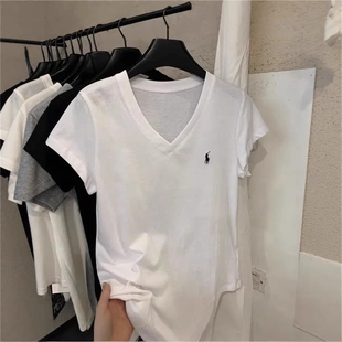 雪花棉短袖t恤女2025新款爆款夏季白色v领设计感小众chic韩系上衣