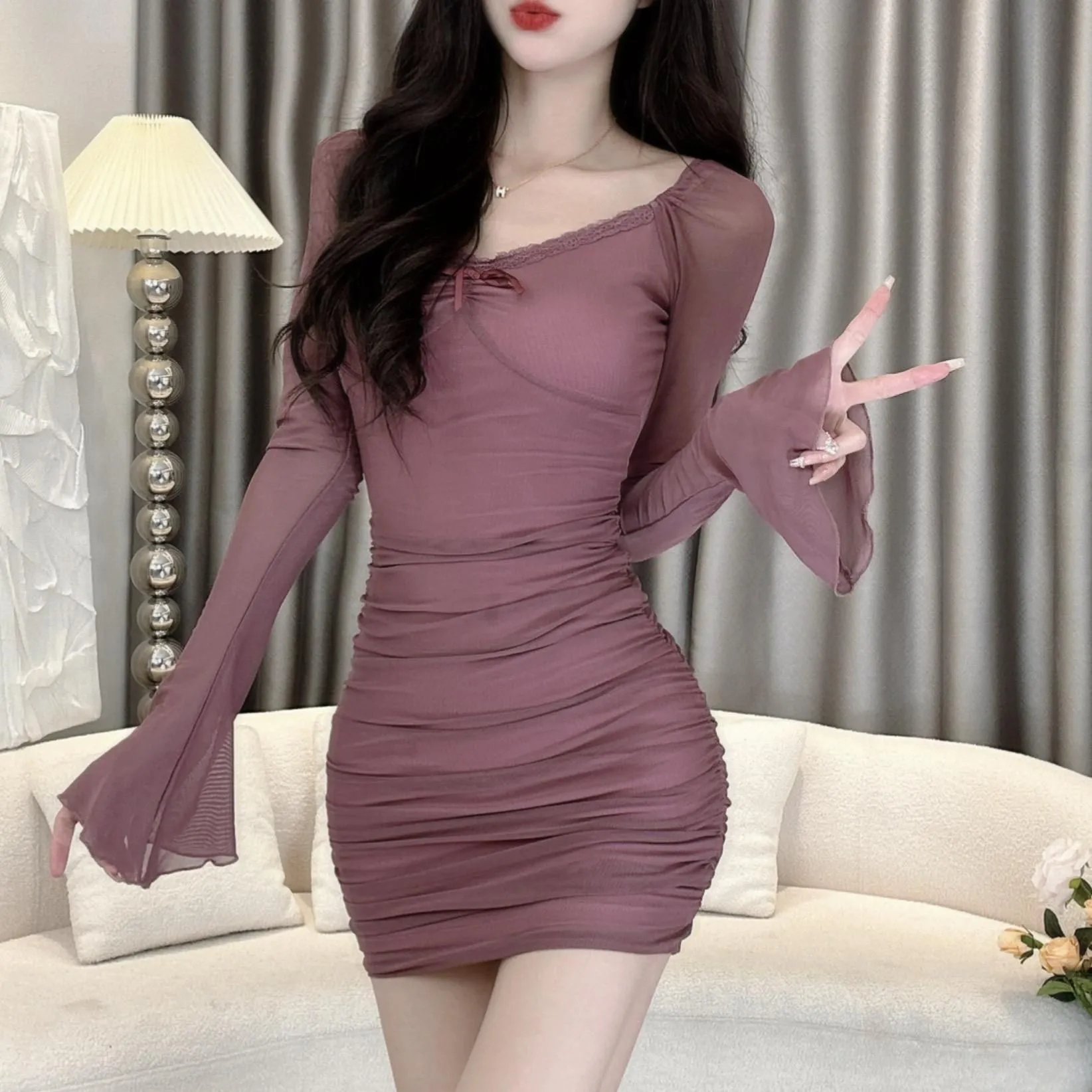 法式纯欲蕾丝花边网纱长袖连衣裙秋季装2025新款甜辣妹包臀短裙子,女装/女士精品,连衣裙,淘宝优惠券,粉丝福利购,淘宝优惠卷