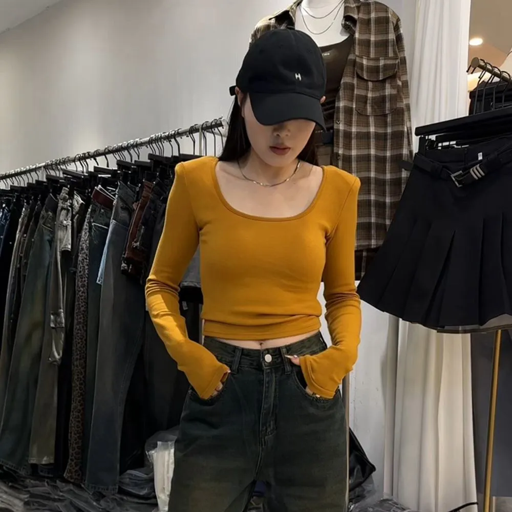 2025秋季新款性感纯欲风方领纯色百搭小众设计感修身显瘦长袖上衣,女装/女士精品,T恤,淘宝优惠券,粉丝福利购,淘宝优惠卷