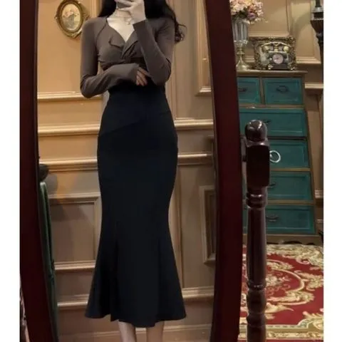 鱼尾两件套半身裙开叉扭结长袖韩系上衣新款2024女+洋气套装,女装/女士精品,时尚套装,淘宝优惠券,粉丝福利购,淘宝优惠卷