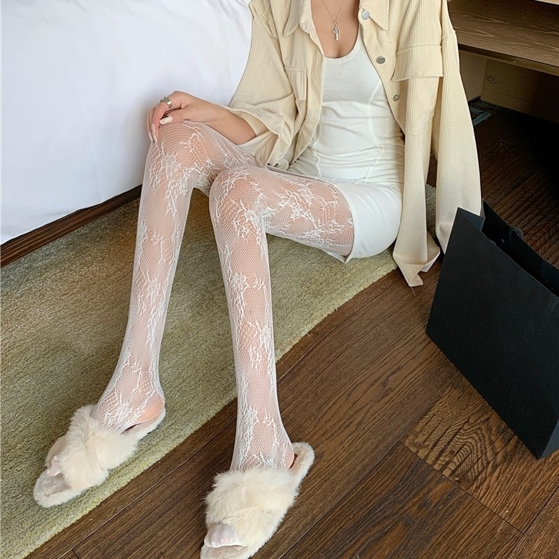 白色花藤洛丽塔丝袜女夏季薄款Q性感萝莉防勾丝美腿镂空打底连网