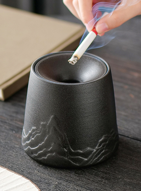 家用大号烟灰缸黑陶建水茶盂创意江山海浪陶瓷防飞灰水培花瓶摆件