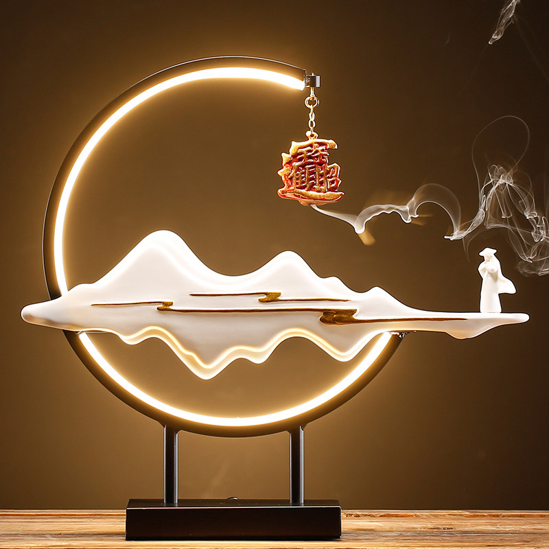 现在简约灯圈陶瓷倒流香炉桌面摆件禅意家居客厅办公熏香茶桌饰品