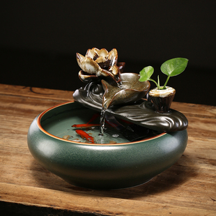 招财流水摆件陶瓷小型桌面客厅茶桌办公室装 新中式 饰品循环水景观