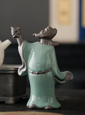 新中式李白对酒当歌哥窑开 片精品可养创意人物茶宠茶玩摆件装饰