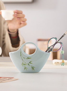 陶瓷笔筒小清新桌面小花篮装饰品