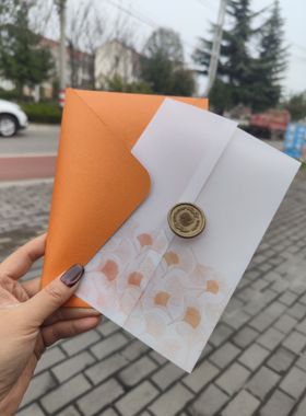 桔色橙色珠光纸信封封套硫酸纸银杏叶婚礼请柬火漆蜡章生日信笺
