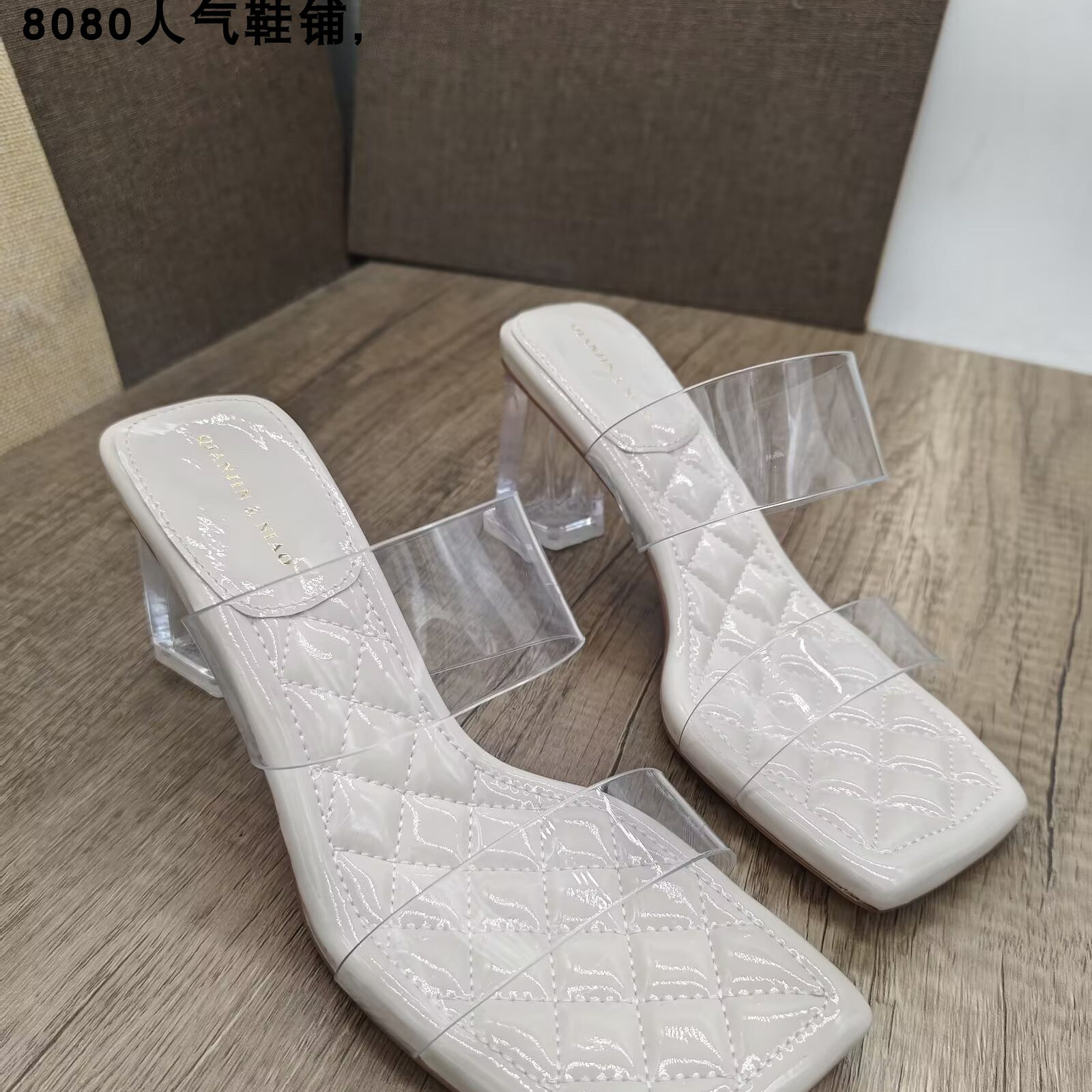 2025新款细跟一字带露趾方头高跟鞋凉鞋女高跟鞋方头中空透明凉拖
