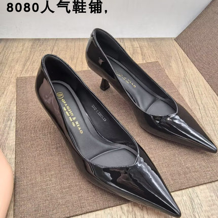 2025新款法式漆皮浅口尖头单鞋女6公分细跟高跟鞋黑色职业工作鞋