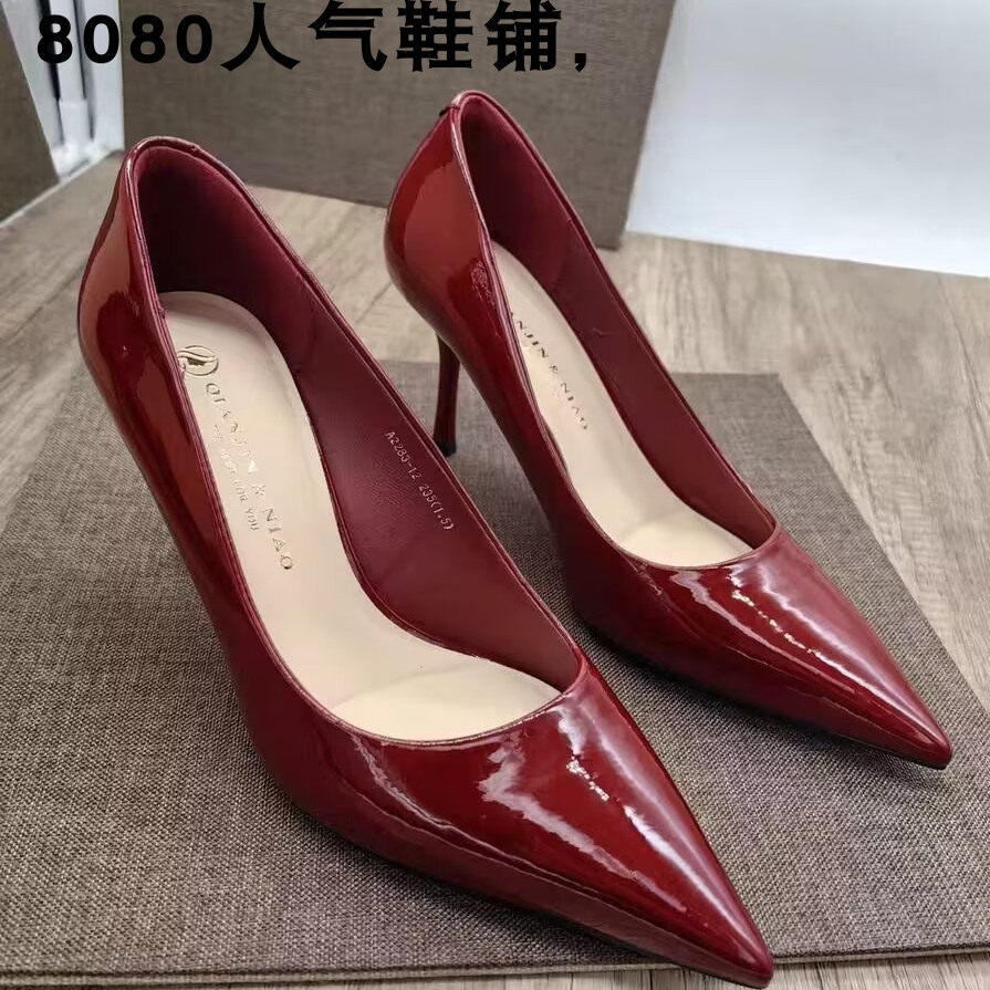 8CM漆皮尖头高跟鞋2024新款法式气质细跟浅口性感单鞋尖头工作鞋