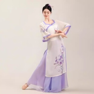 新款古典舞新中式改良旗袍大裙摆飘逸纱衣国风舞蹈服印花身韵舞服
