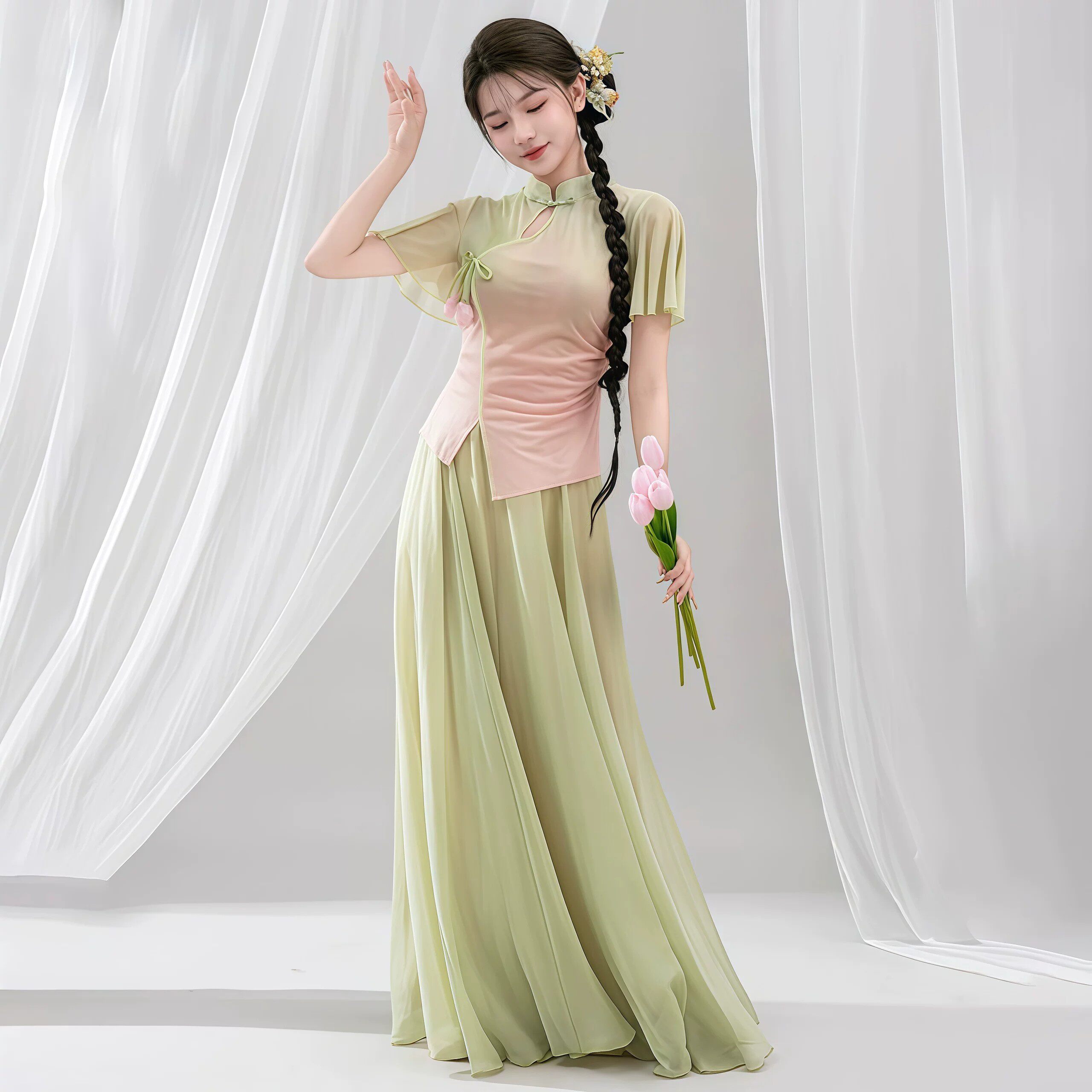 新款古典舞服装新中式旗袍渐变身韵练功服飘逸裙裤舞蹈表演出服装