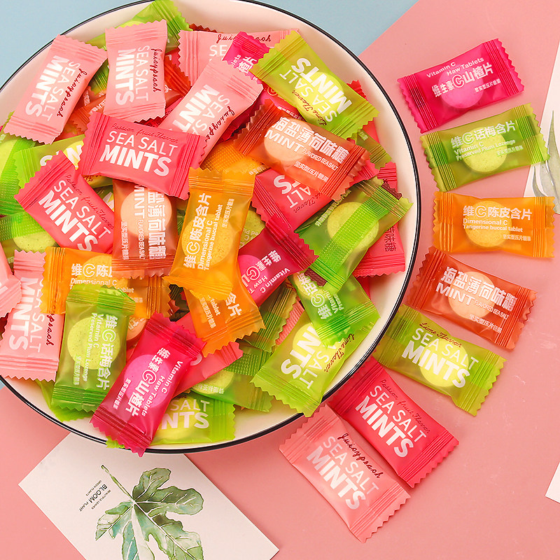 混合口味海盐蜜桃薄荷糖维C陈皮含片休闲零食前台招待袋装糖果