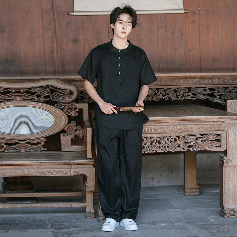 亚麻短袖T恤直筒长裤简约时尚风男夏清凉套装TZ1206p185,男装T恤,电商A016