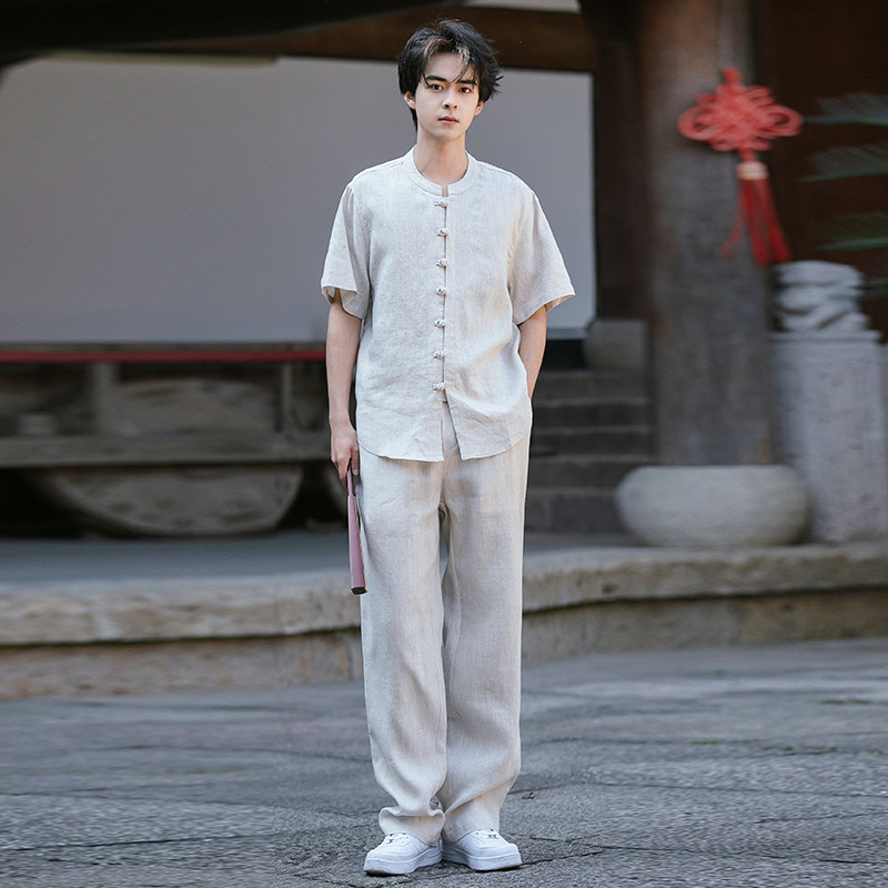 亚麻短袖衬衫直筒长裤简约时尚风男夏清凉套装TZ1205p190,男装休闲套装,电商A016