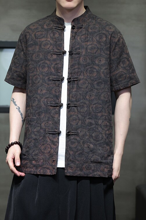棉麻衬衫夏季男士大码开衫手工盘扣唐装T立领短袖DSA016-1195-P65,男装T恤,电商A016