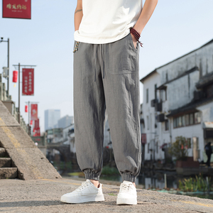 休闲裤2025男春夏款风棉麻裤大码宽松工装束脚九分裤8230-P80图片