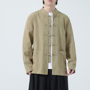2025新款夹克风棉麻宽松长袖衬衫男复古中式唐装衬衣1180-P95图片