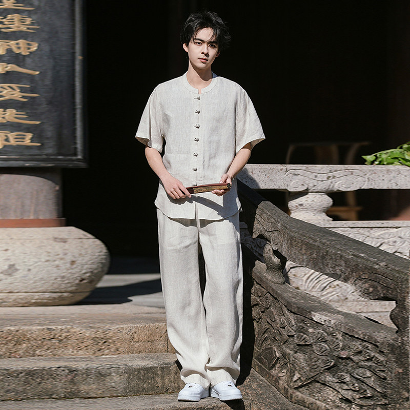 亚麻短袖衬衫直筒长裤简约时尚风男夏清凉套装TZ1205p190图片